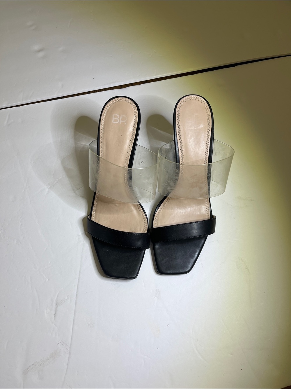 bp Black Leather and Clear Strap Slide Mules